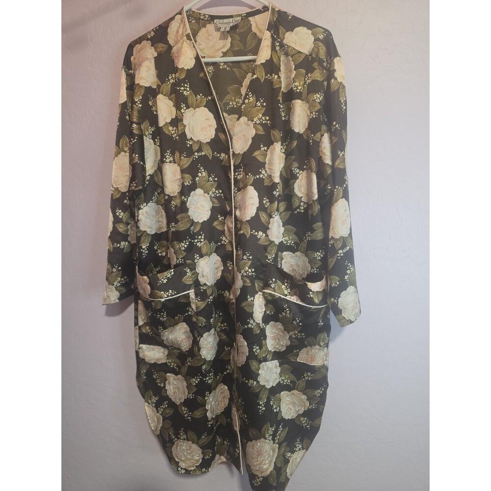 Vintage 70’s Christian Dior Lingerie Women’s Satin Brown Floral Nightgown Robe M